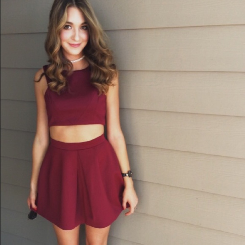 Wine Crop Top and Skirt Set
